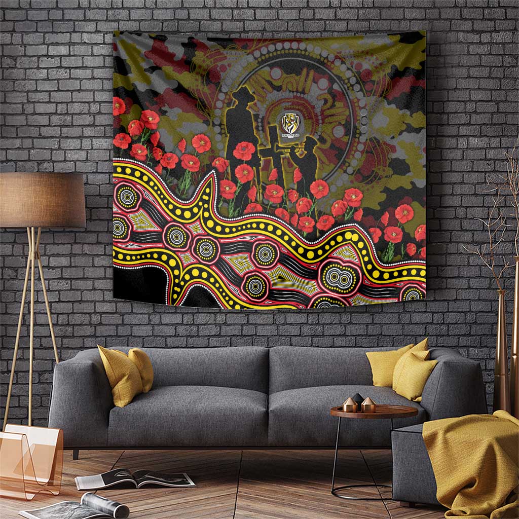 Richmond Tigers ANZAC Day Tapestry Indigenous Dot Art with Poppy Flower Tribute