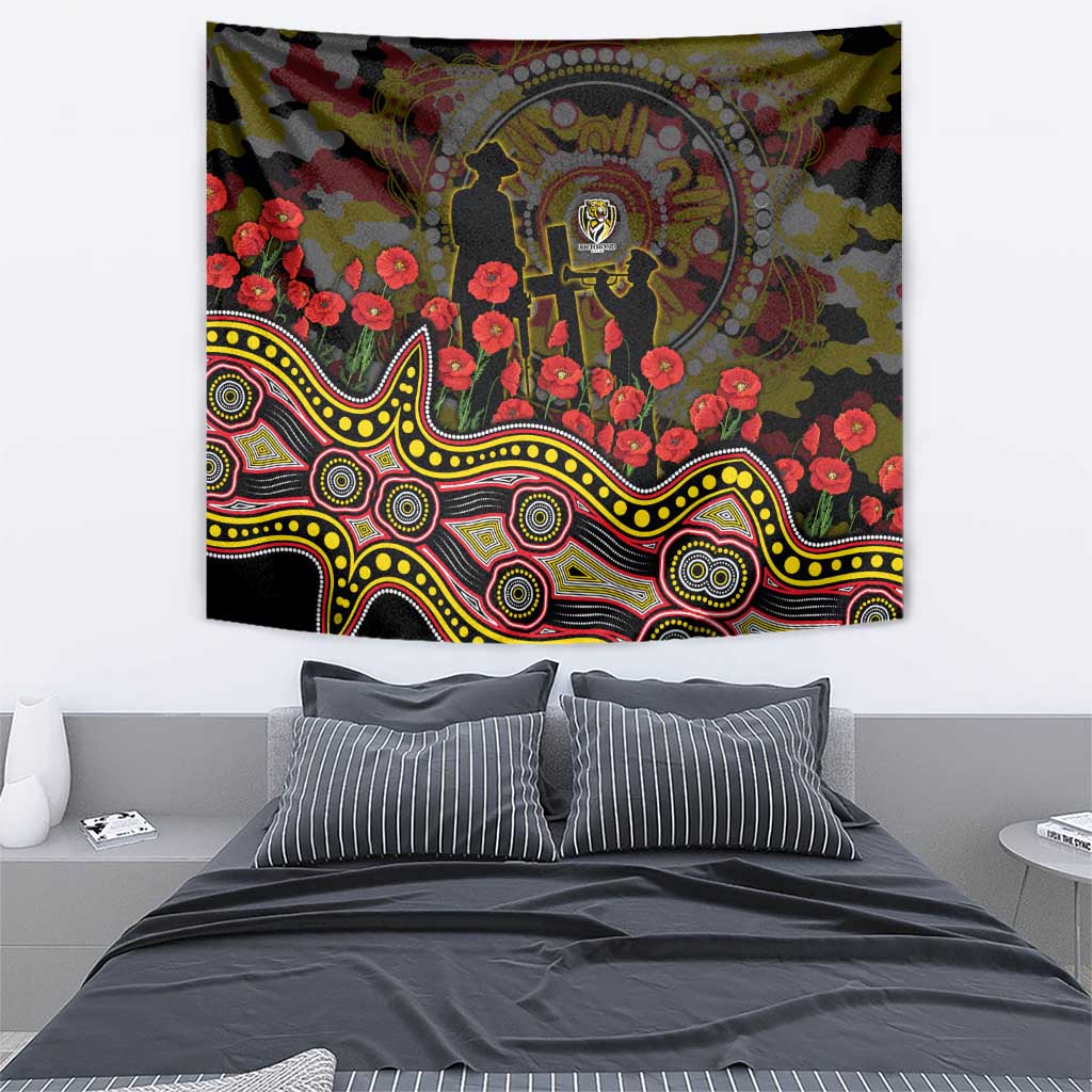 Richmond Tigers ANZAC Day Tapestry Indigenous Dot Art with Poppy Flower Tribute