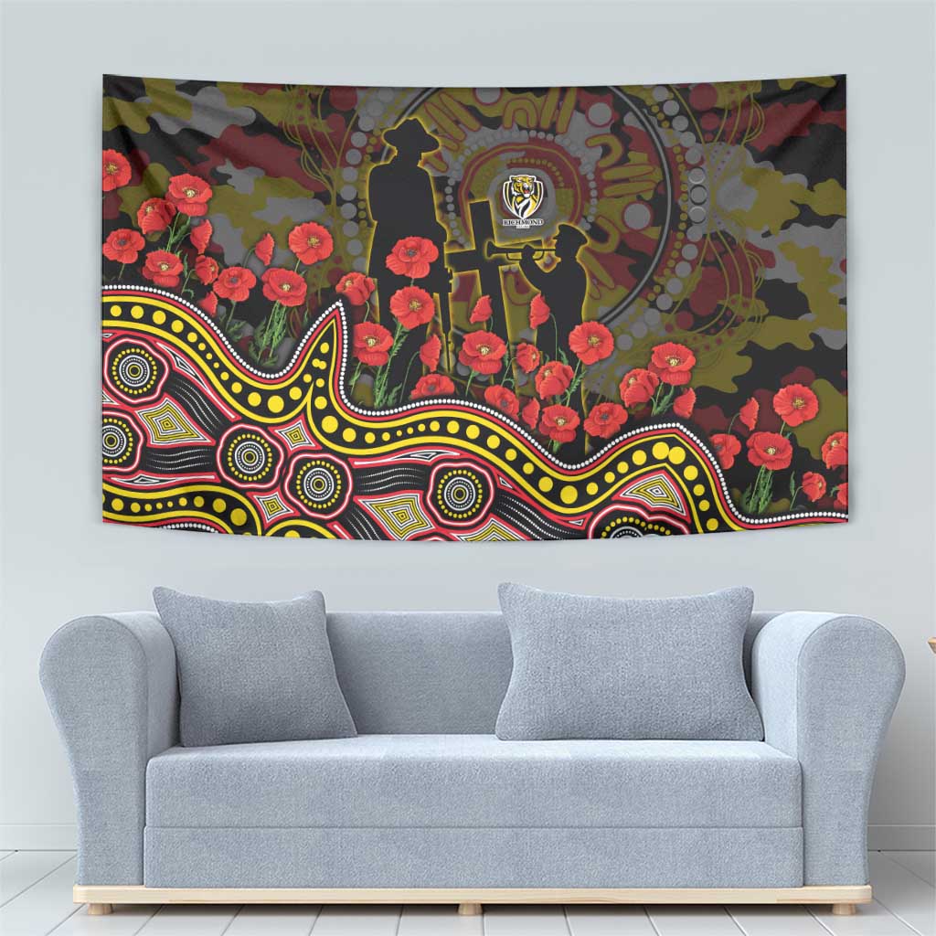 Richmond Tigers ANZAC Day Tapestry Indigenous Dot Art with Poppy Flower Tribute