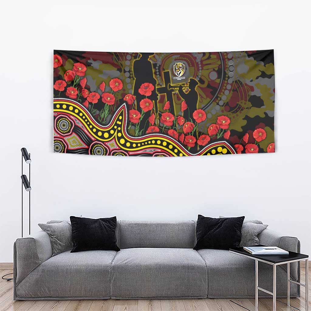 Richmond Tigers ANZAC Day Tapestry Indigenous Dot Art with Poppy Flower Tribute
