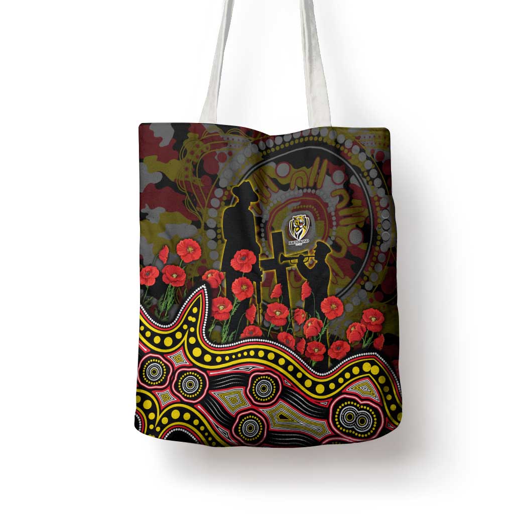 Richmond Tigers ANZAC Day Tote Bag Indigenous Dot Art with Poppy Flower Tribute