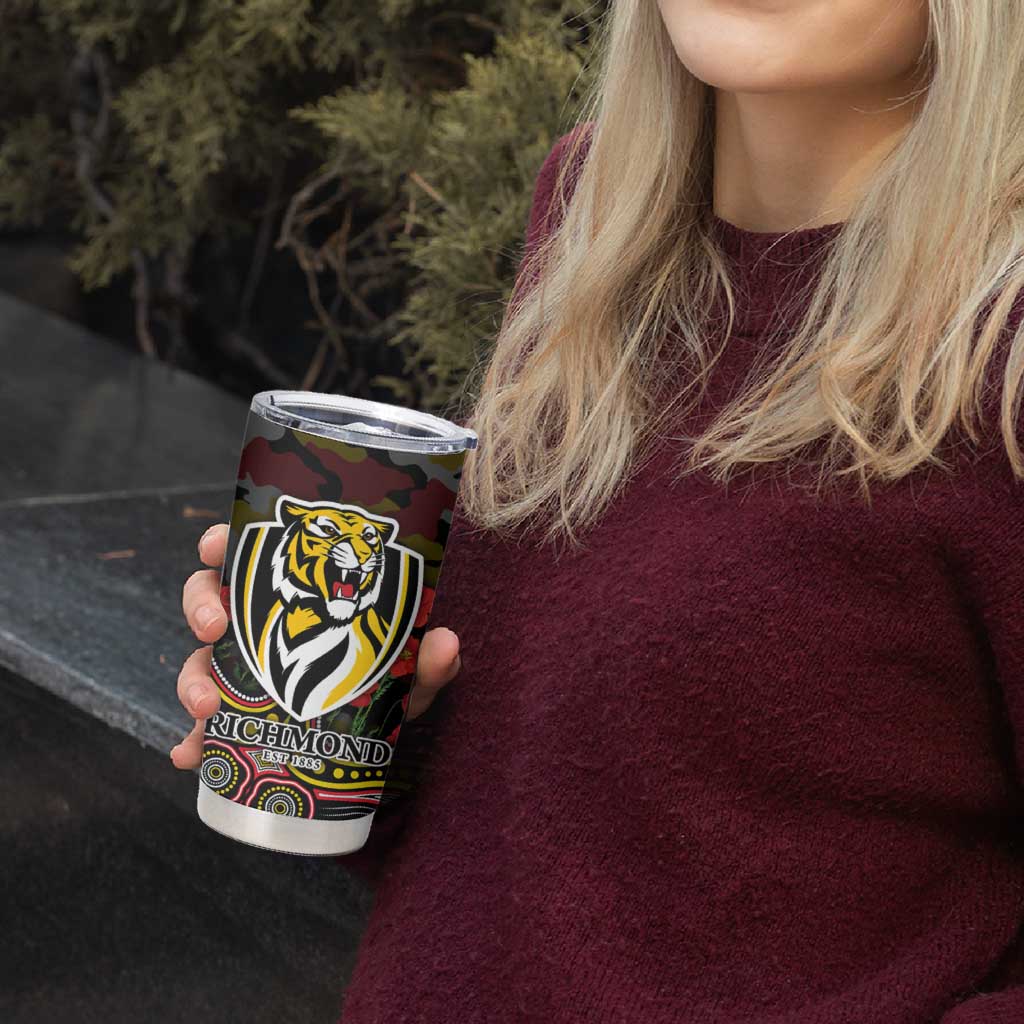 Richmond Tigers ANZAC Day Tumbler Cup Indigenous Dot Art with Poppy Flower Tribute