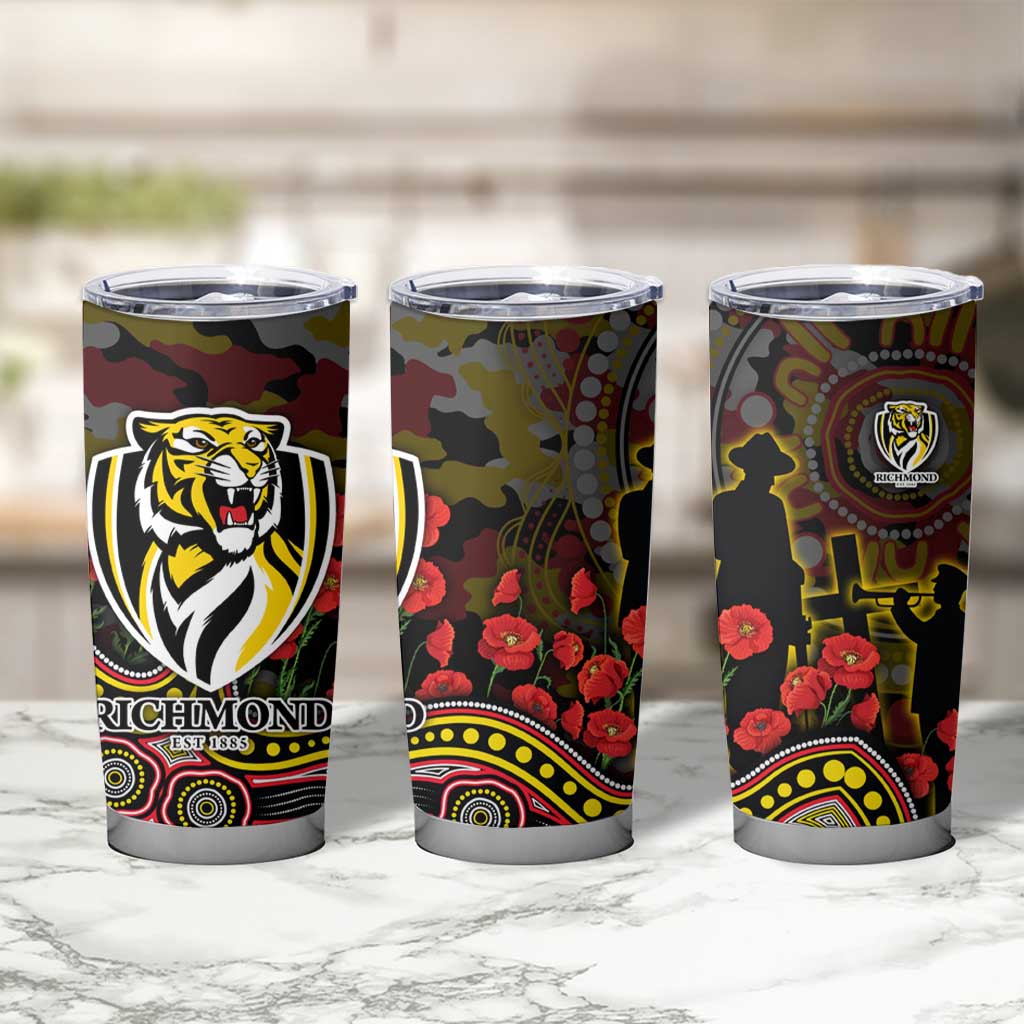 Richmond Tigers ANZAC Day Tumbler Cup Indigenous Dot Art with Poppy Flower Tribute