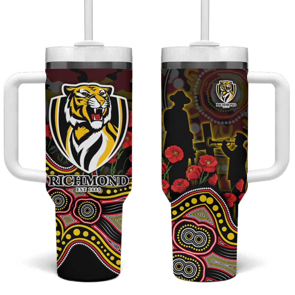 Richmond Tigers ANZAC Day Tumbler With Handle Indigenous Dot Art with Poppy Flower Tribute