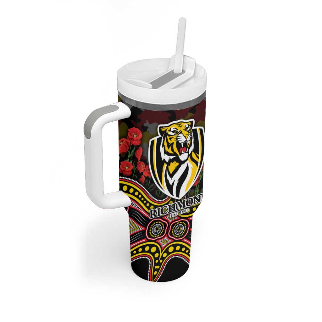 Richmond Tigers ANZAC Day Tumbler With Handle Indigenous Dot Art with Poppy Flower Tribute
