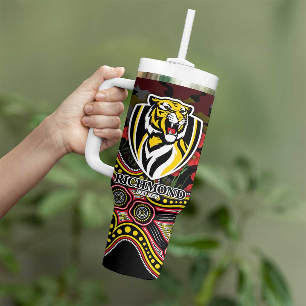 Richmond Tigers ANZAC Day Tumbler With Handle Indigenous Dot Art with Poppy Flower Tribute
