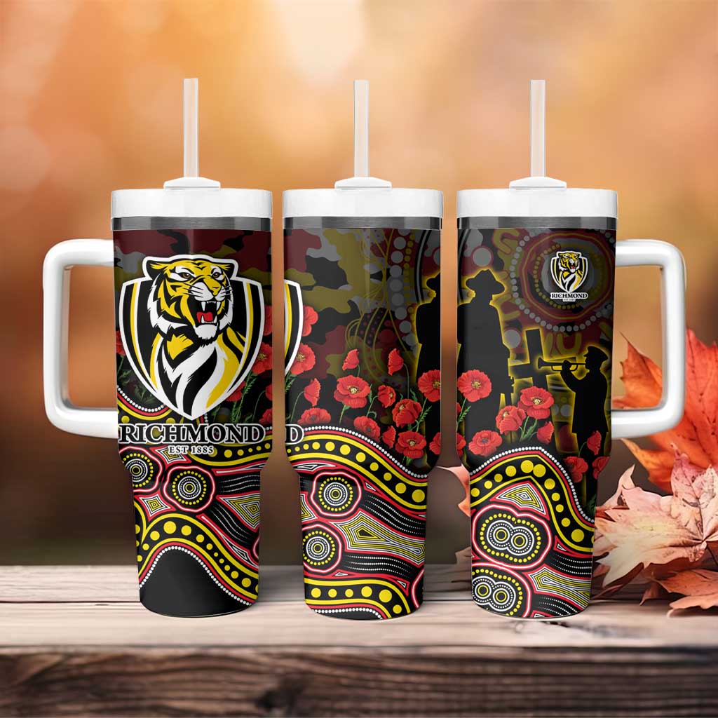 Richmond Tigers ANZAC Day Tumbler With Handle Indigenous Dot Art with Poppy Flower Tribute