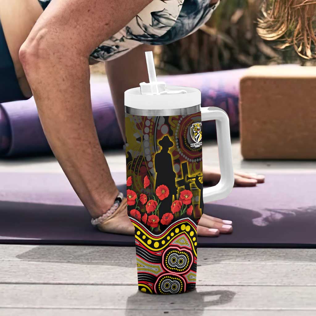 Richmond Tigers ANZAC Day Tumbler With Handle Indigenous Dot Art with Poppy Flower Tribute