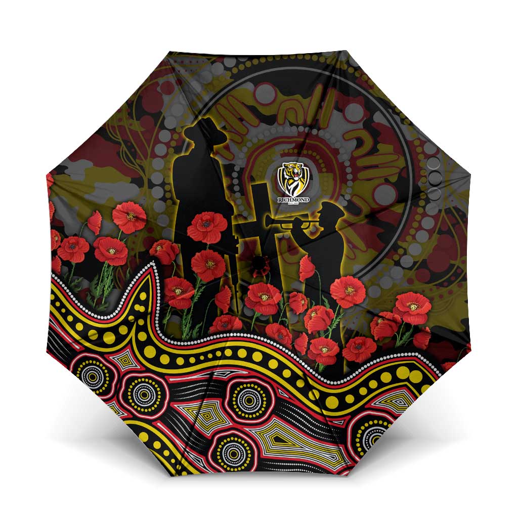 Richmond Tigers ANZAC Day Umbrella Indigenous Dot Art with Poppy Flower Tribute