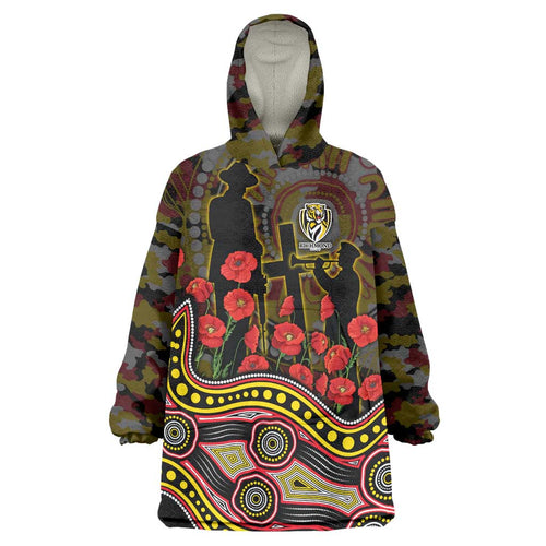 Richmond Tigers ANZAC Day Wearable Blanket Hoodie Indigenous Dot Art with Poppy Flower Tribute