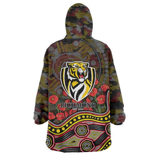Richmond Tigers ANZAC Day Wearable Blanket Hoodie Indigenous Dot Art with Poppy Flower Tribute