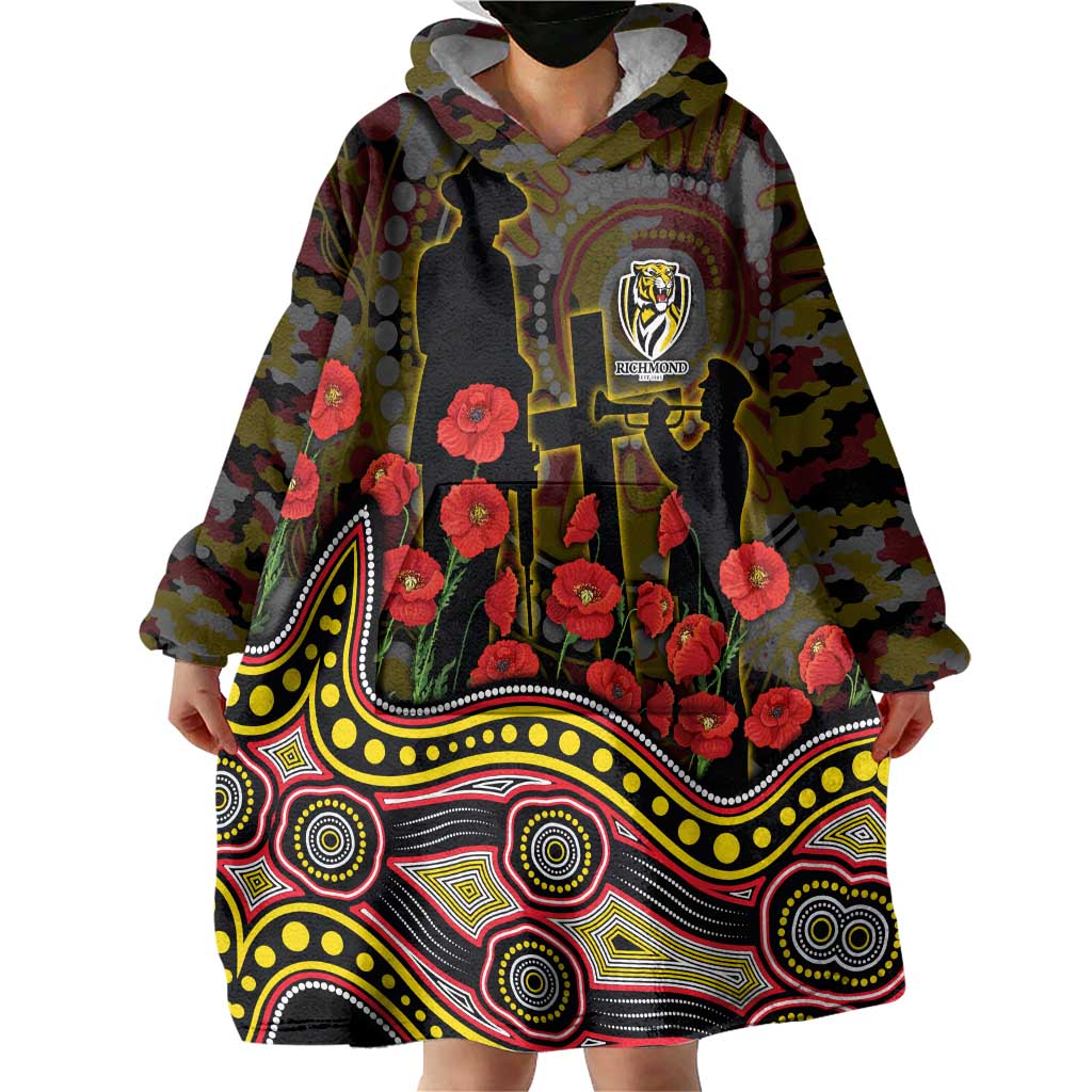 Richmond Tigers ANZAC Day Wearable Blanket Hoodie Indigenous Dot Art with Poppy Flower Tribute
