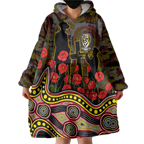 Richmond Tigers ANZAC Day Wearable Blanket Hoodie Indigenous Dot Art with Poppy Flower Tribute