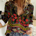 Richmond Tigers ANZAC Day Women Casual Shirt Indigenous Dot Art with Poppy Flower Tribute