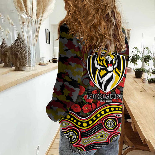 Richmond Tigers ANZAC Day Women Casual Shirt Indigenous Dot Art with Poppy Flower Tribute