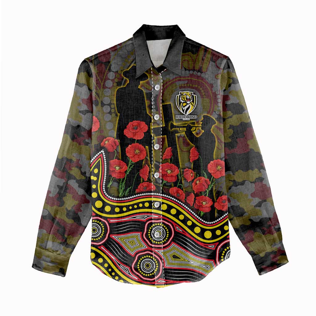 Richmond Tigers ANZAC Day Women Casual Shirt Indigenous Dot Art with Poppy Flower Tribute
