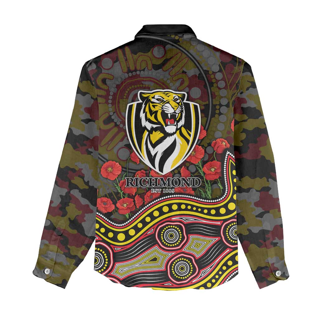 Richmond Tigers ANZAC Day Women Casual Shirt Indigenous Dot Art with Poppy Flower Tribute