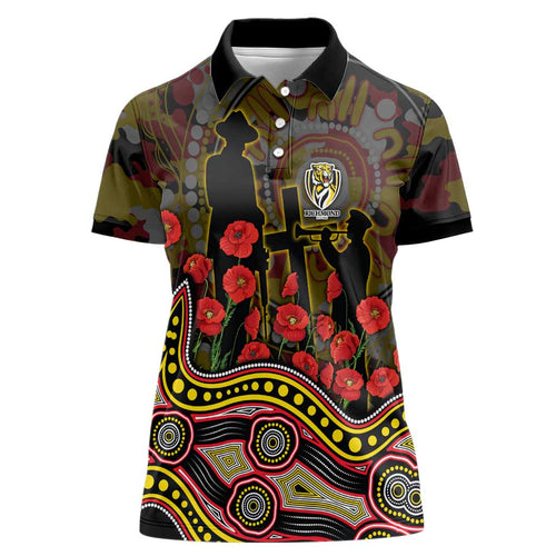 Richmond Tigers ANZAC Day Women Polo Shirt Indigenous Dot Art with Poppy Flower Tribute