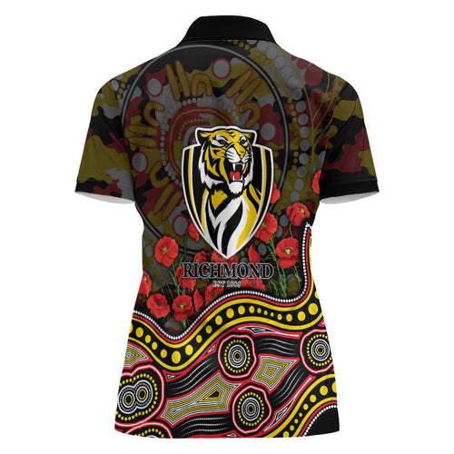 Richmond Tigers ANZAC Day Women Polo Shirt Indigenous Dot Art with Poppy Flower Tribute