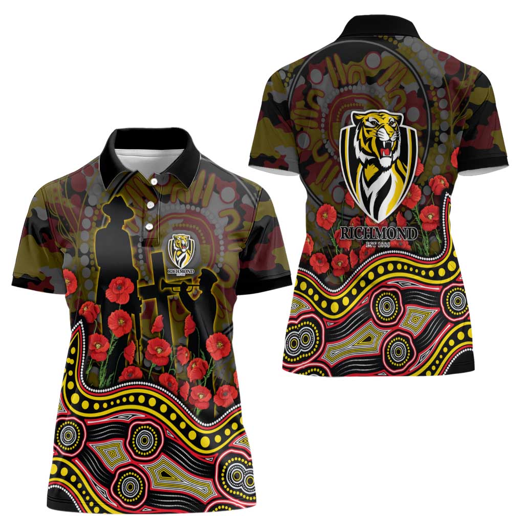 Richmond Tigers ANZAC Day Women Polo Shirt Indigenous Dot Art with Poppy Flower Tribute