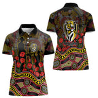 Richmond Tigers ANZAC Day Women Polo Shirt Indigenous Dot Art with Poppy Flower Tribute