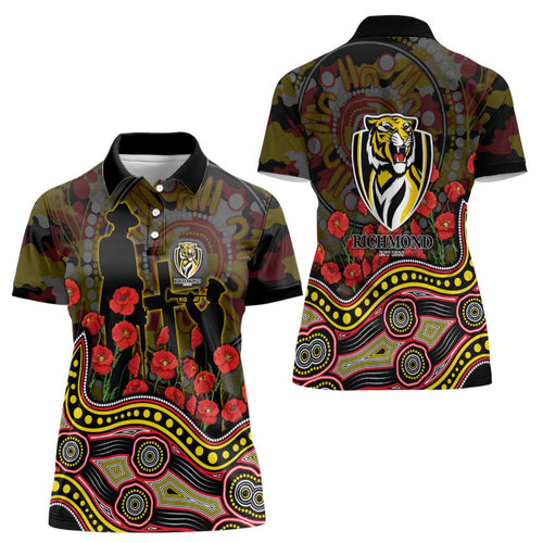 Richmond Tigers ANZAC Day Women Polo Shirt Indigenous Dot Art with Poppy Flower Tribute