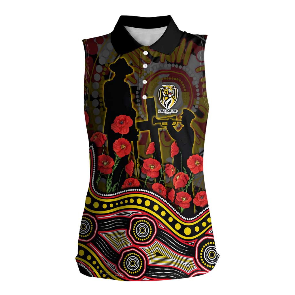 Richmond Tigers ANZAC Day Women Sleeveless Polo Shirt Indigenous Dot Art with Poppy Flower Tribute