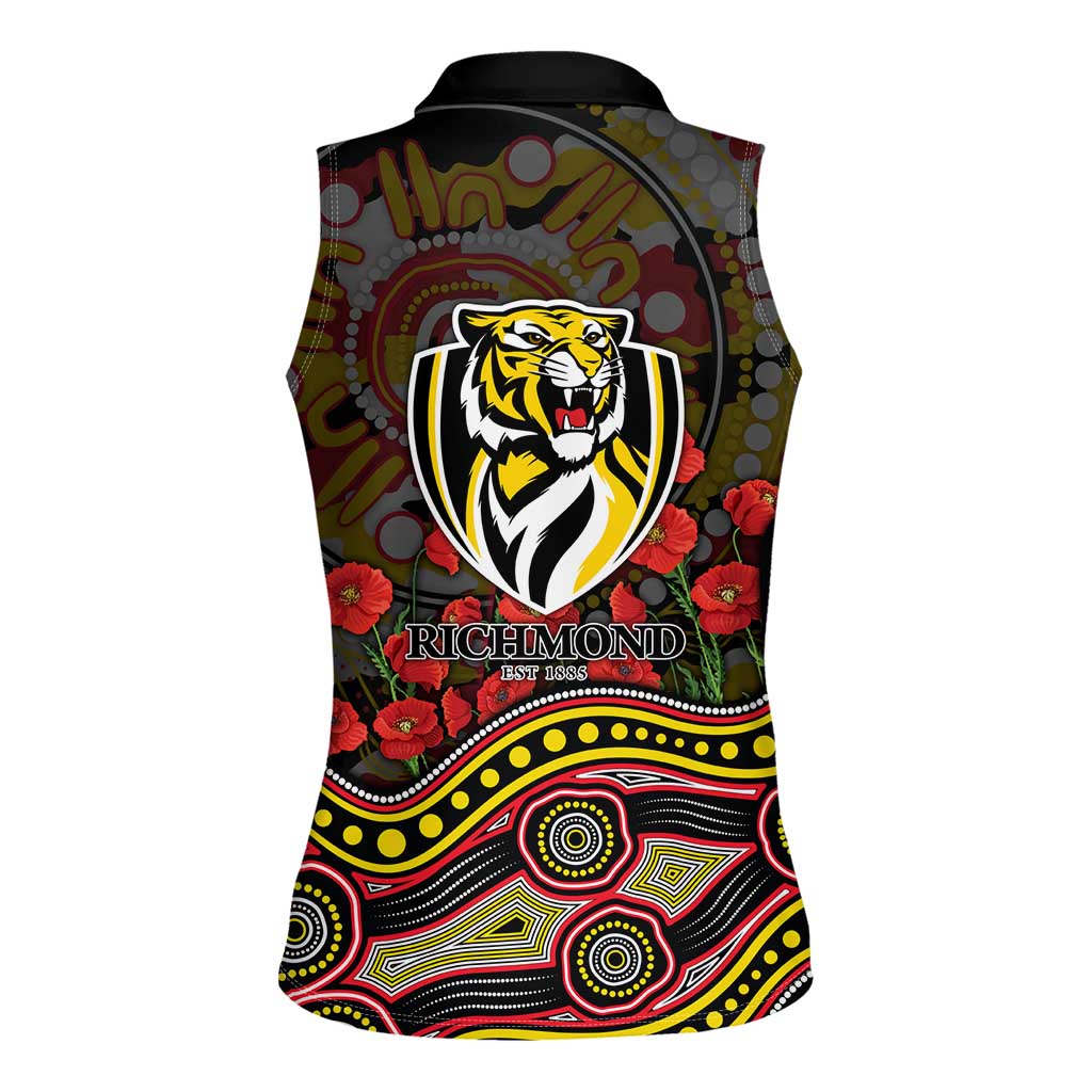 Richmond Tigers ANZAC Day Women Sleeveless Polo Shirt Indigenous Dot Art with Poppy Flower Tribute