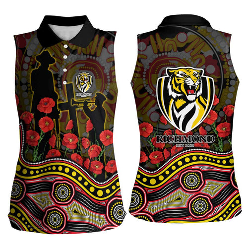 Richmond Tigers ANZAC Day Women Sleeveless Polo Shirt Indigenous Dot Art with Poppy Flower Tribute