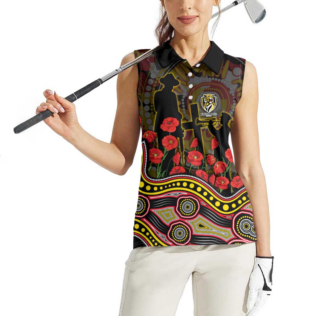 Richmond Tigers ANZAC Day Women Sleeveless Polo Shirt Indigenous Dot Art with Poppy Flower Tribute