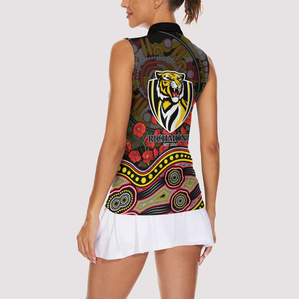 Richmond Tigers ANZAC Day Women Sleeveless Polo Shirt Indigenous Dot Art with Poppy Flower Tribute
