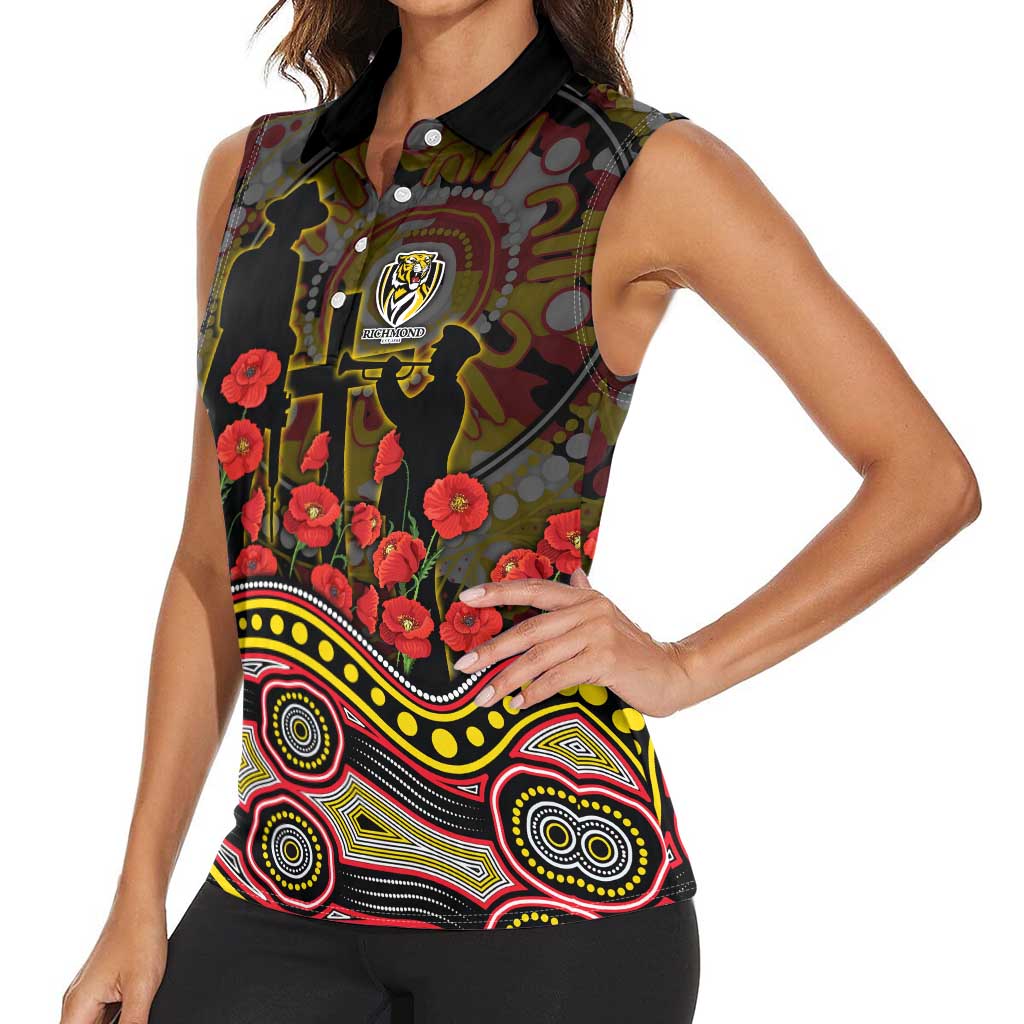 Richmond Tigers ANZAC Day Women Sleeveless Polo Shirt Indigenous Dot Art with Poppy Flower Tribute