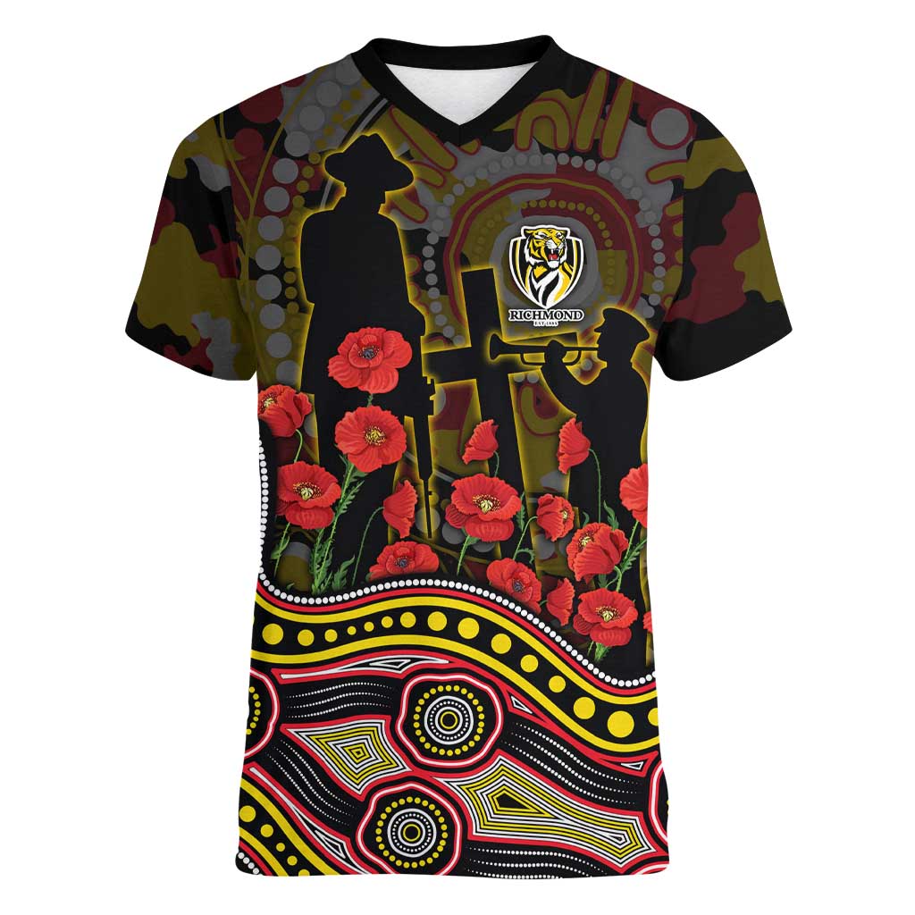 Richmond Tigers ANZAC Day Women V-Neck T-Shirt Indigenous Dot Art with Poppy Flower Tribute
