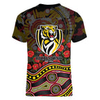 Richmond Tigers ANZAC Day Women V-Neck T-Shirt Indigenous Dot Art with Poppy Flower Tribute