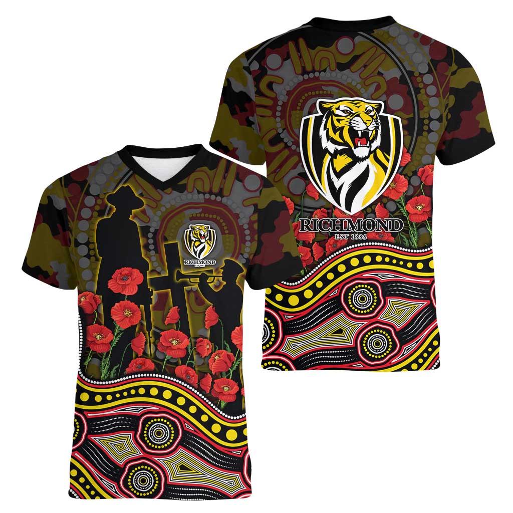 Richmond Tigers ANZAC Day Women V-Neck T-Shirt Indigenous Dot Art with Poppy Flower Tribute