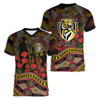 Richmond Tigers ANZAC Day Women V-Neck T-Shirt Indigenous Dot Art with Poppy Flower Tribute