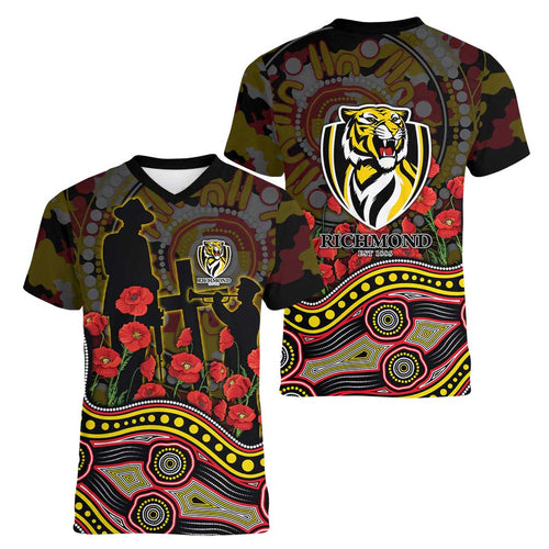 Richmond Tigers ANZAC Day Women V-Neck T-Shirt Indigenous Dot Art with Poppy Flower Tribute