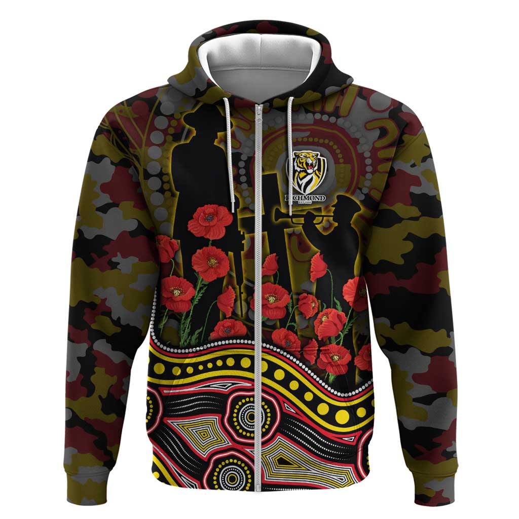 Richmond Tigers ANZAC Day Zip Hoodie Indigenous Dot Art with Poppy Flower Tribute