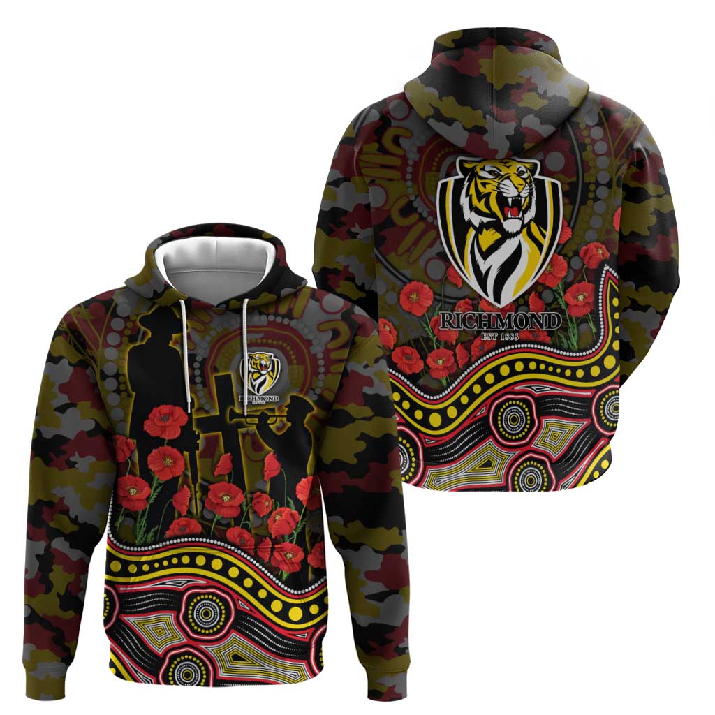 Richmond Tigers ANZAC Day Zip Hoodie Indigenous Dot Art with Poppy Flower Tribute