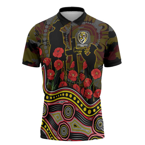 Richmond Tigers ANZAC Day Zipper Polo Shirt Indigenous Dot Art with Poppy Flower Tribute