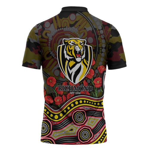 Richmond Tigers ANZAC Day Zipper Polo Shirt Indigenous Dot Art with Poppy Flower Tribute