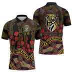 Richmond Tigers ANZAC Day Zipper Polo Shirt Indigenous Dot Art with Poppy Flower Tribute