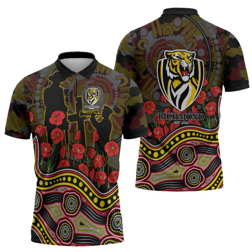 Richmond Tigers ANZAC Day Zipper Polo Shirt Indigenous Dot Art with Poppy Flower Tribute
