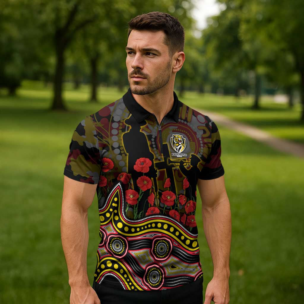 Richmond Tigers ANZAC Day Zipper Polo Shirt Indigenous Dot Art with Poppy Flower Tribute