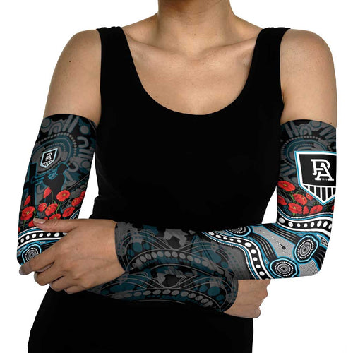 Port Adelaide Power ANZAC Day Arm Sleeves Indigenous Dot Art with Poppy Flower Tribute