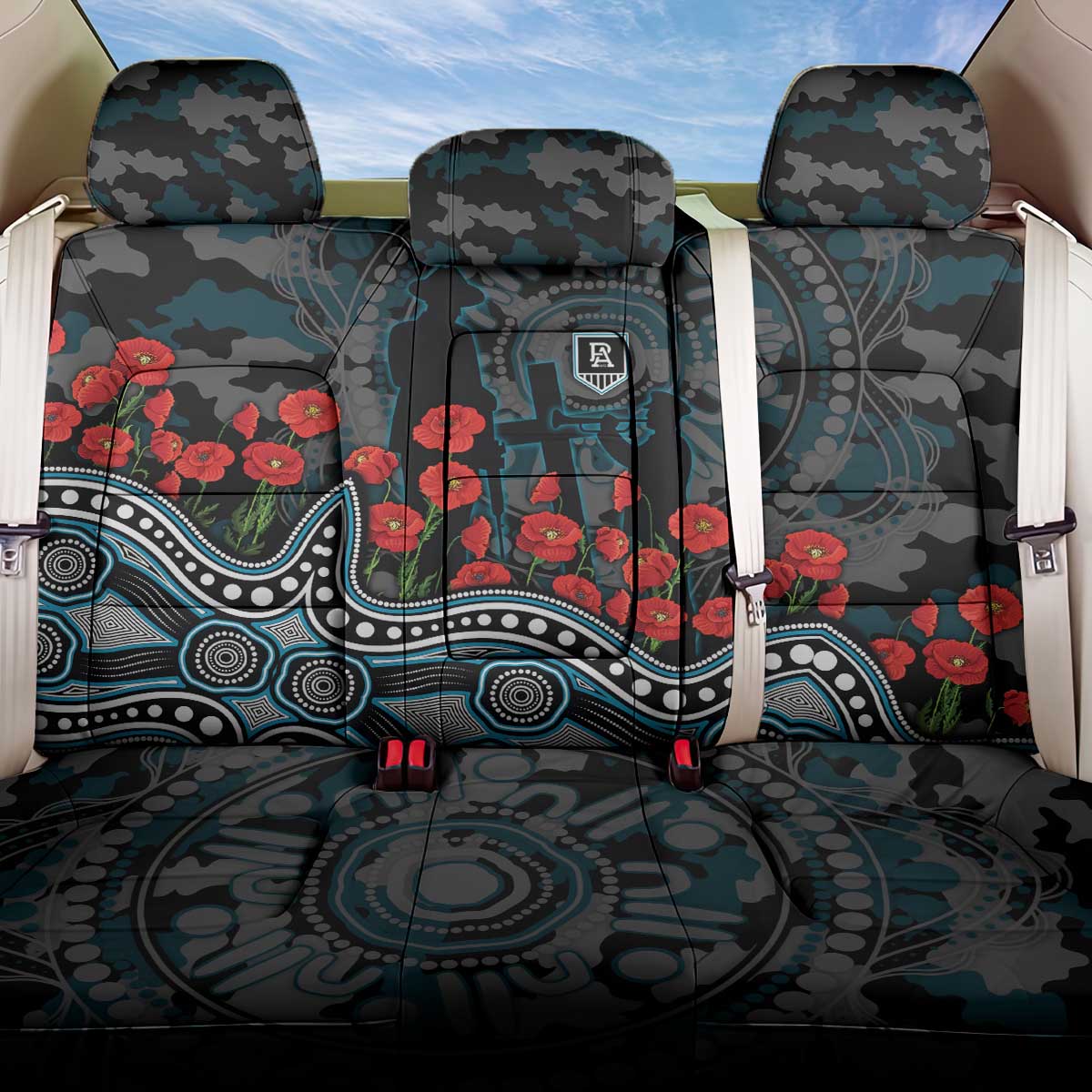 Port Adelaide Power ANZAC Day Back Car Seat Cover Indigenous Dot Art with Poppy Flower Tribute