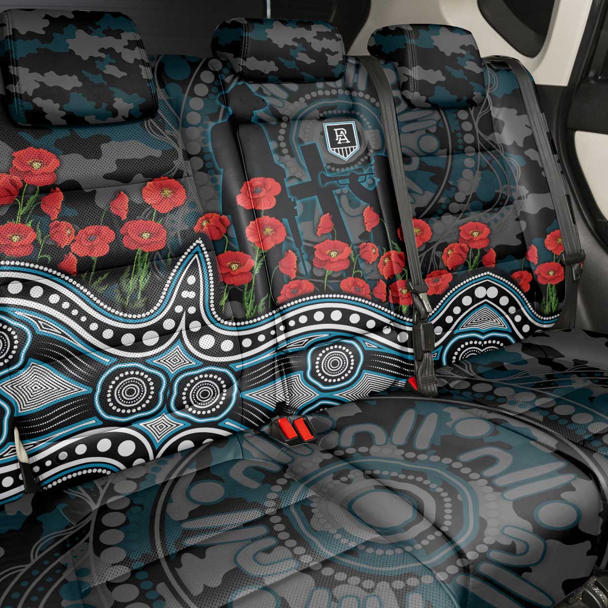 Port Adelaide Power ANZAC Day Back Car Seat Cover Indigenous Dot Art with Poppy Flower Tribute