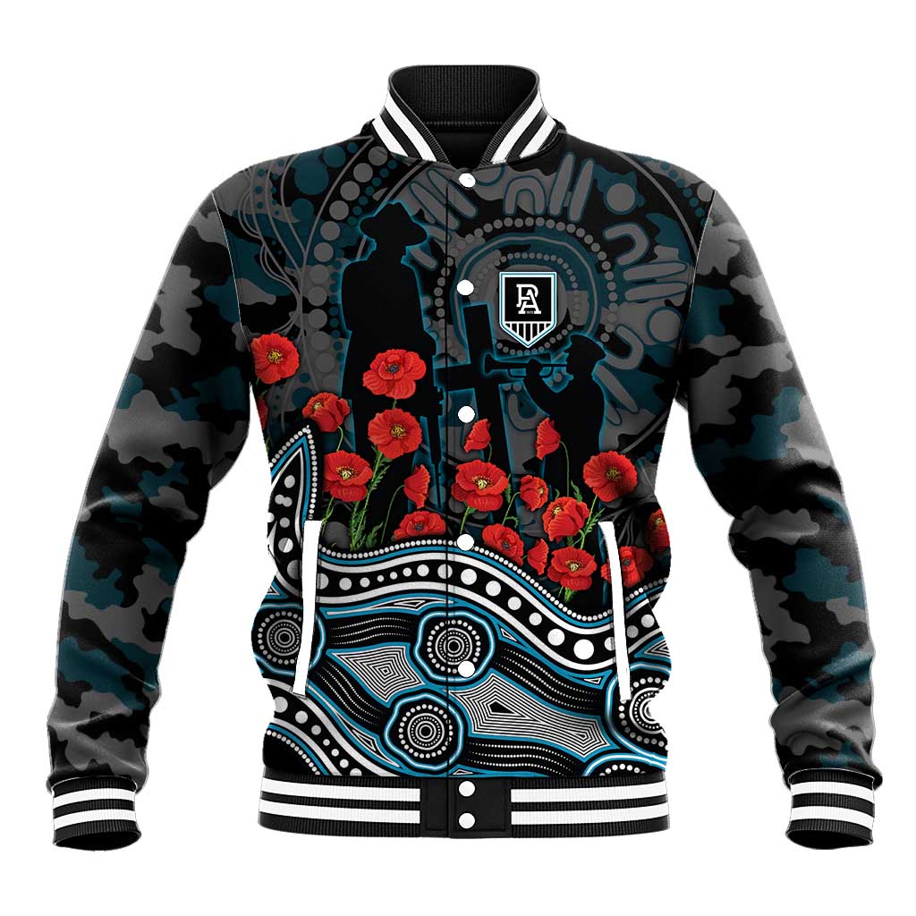 Port Adelaide Power ANZAC Day Baseball Jacket Indigenous Dot Art with Poppy Flower Tribute