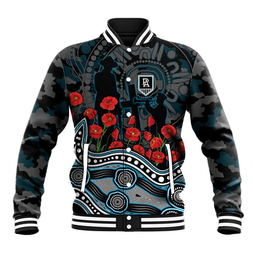 Port Adelaide Power ANZAC Day Baseball Jacket Indigenous Dot Art with Poppy Flower Tribute