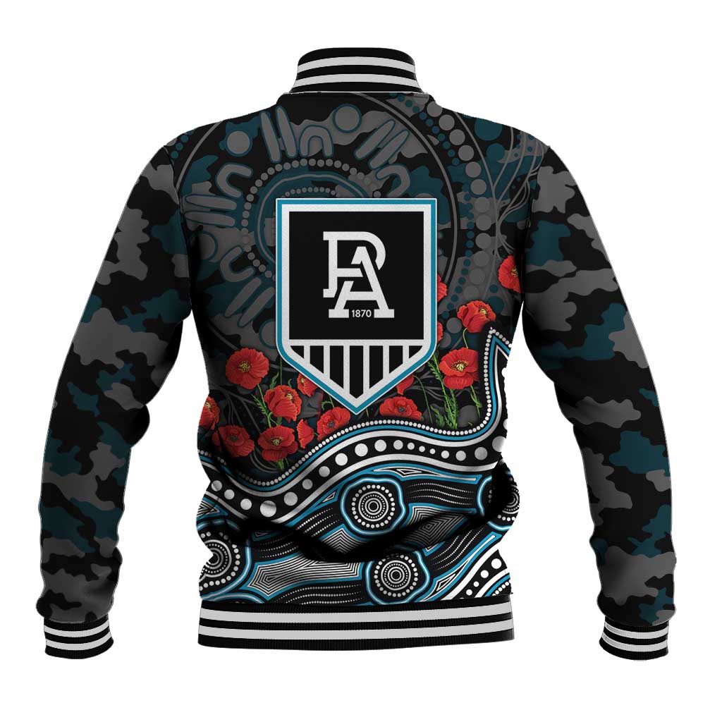 Port Adelaide Power ANZAC Day Baseball Jacket Indigenous Dot Art with Poppy Flower Tribute